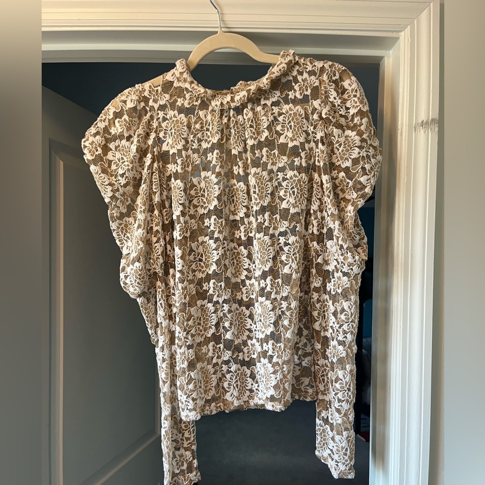 Dolan Brown and White Lace Blouse with Peter Pan Collar